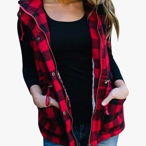 Buffalo Plaid Sherpa Lined Vest with Hood